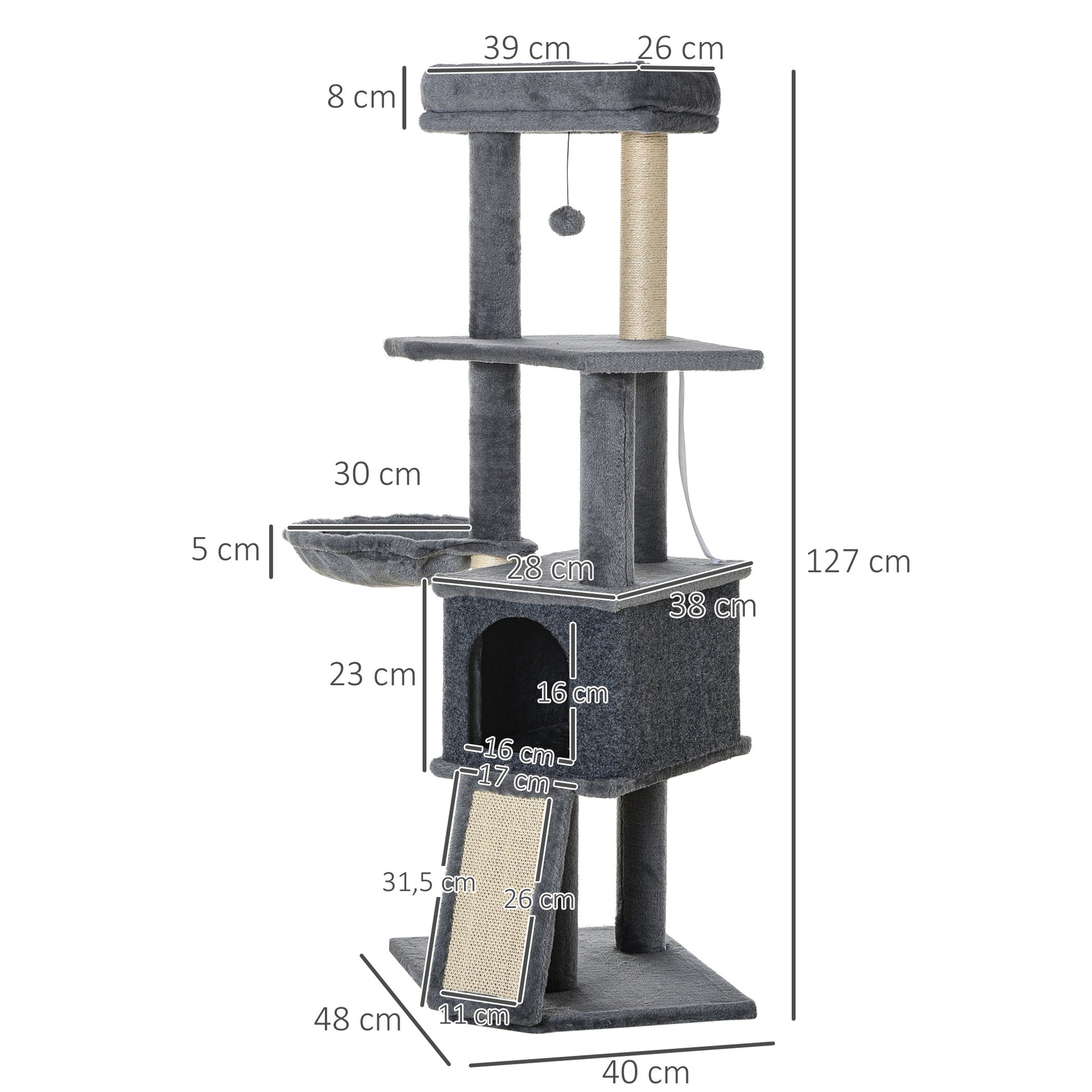 Pawhut Árbol Rascador Para Gatos 127 Cm Con Cueva Hamaca Cama Rampa Gris_2