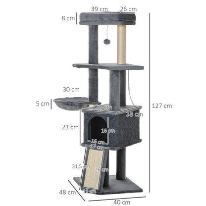 Pawhut Árbol Rascador Para Gatos 127 Cm Con Cueva Hamaca Cama Rampa Gris_2