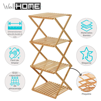 Well Home Estantería De Almacenamiento Con 4 Estantes En Bambú H.93,5cm
