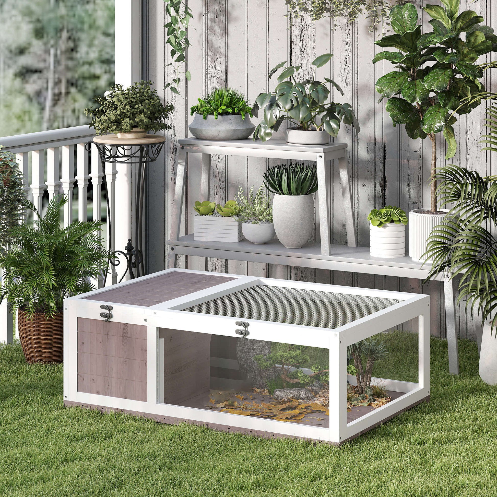 Pawhut Casa Para Tortugas De Madera Con Techo De Malla 91x60,5x32 Cm Marrón_1
