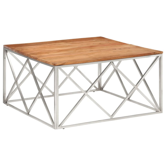 Mesa De Centro Acero Inoxidable Plateado Y Madera Maciza Acacia_0