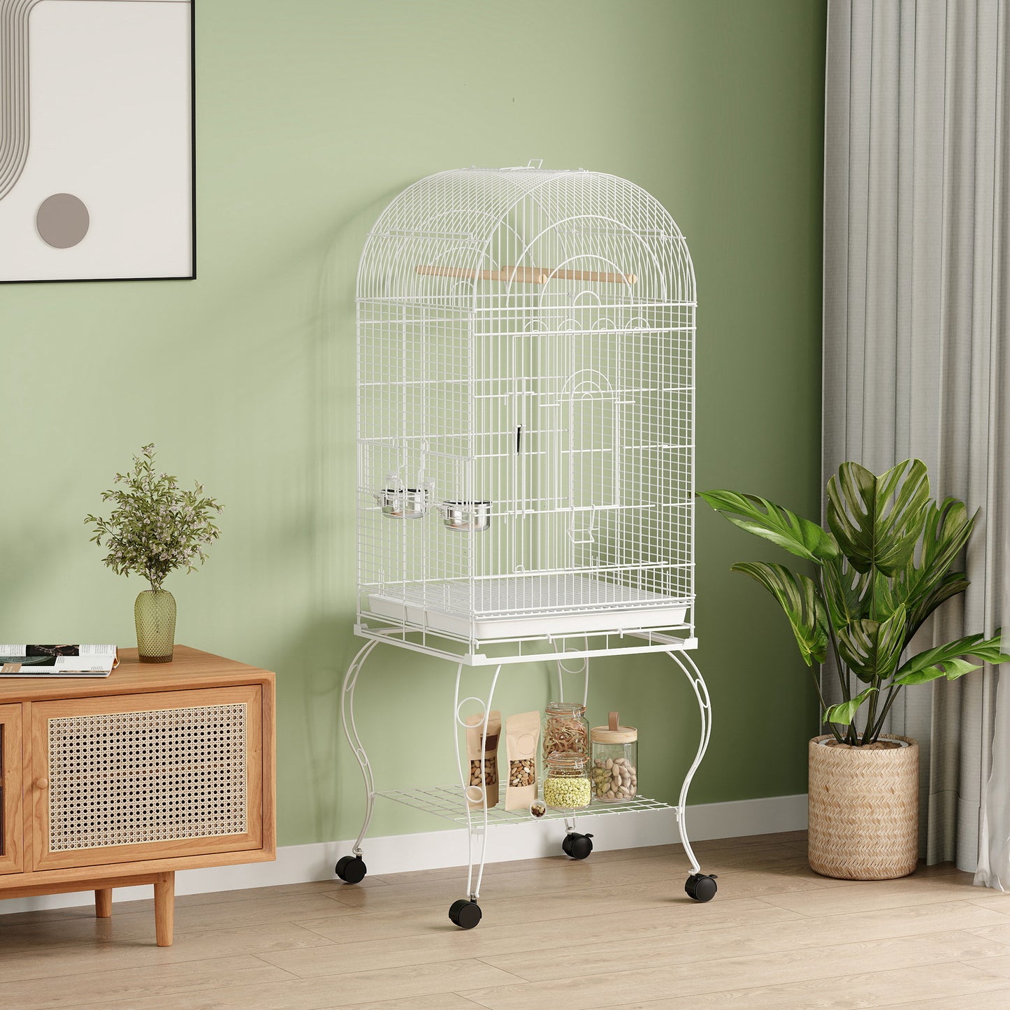 Pawhut Jaula Para Pájaros Con Ruedas Y Estante 2 Comederos 51x51x153 Cm Blanco_1