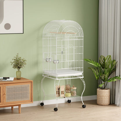 Pawhut Jaula Para Pájaros Con Ruedas Y Estante 2 Comederos 51x51x153 Cm Blanco_1