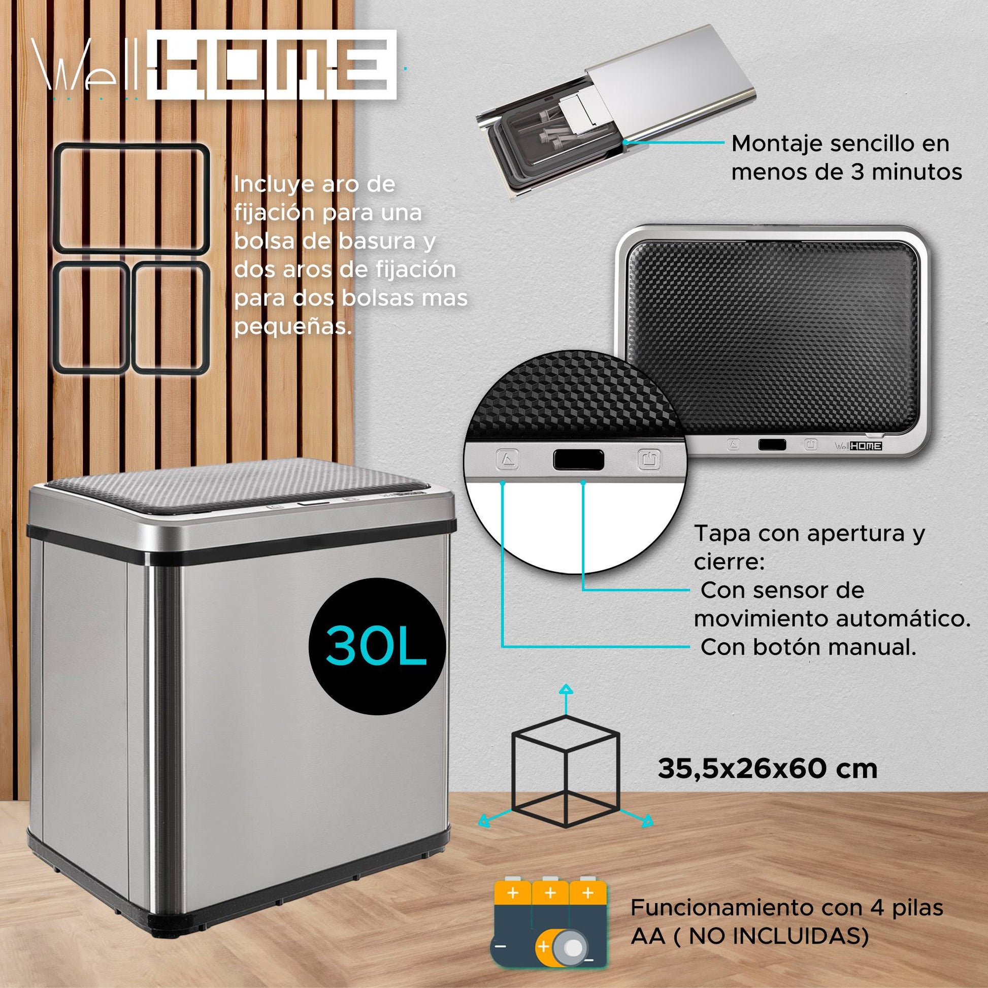 Cubo Inteligente 30l Sin Patas Apertura Auto Gris