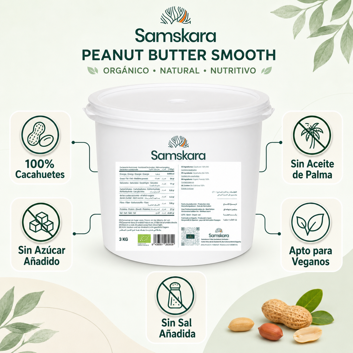 Crema De Cacahuete Ecológica Bio Smooth - 2 X 3kg (6kg) | 100% Cacahuete Tostado, Sin Azúcares Ni Aceite De Palma_5