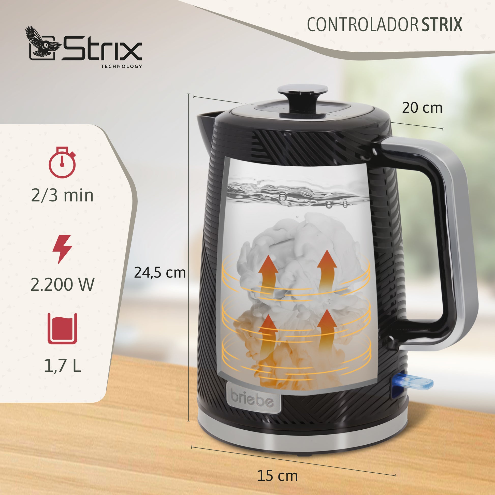 Briebe Elegance Hervidor Agua Eléctrico 1,7l Inalámbrico Ebullición Rápida, Libre De Bpa, Base De 360°, Kt1168blk, Negro_2