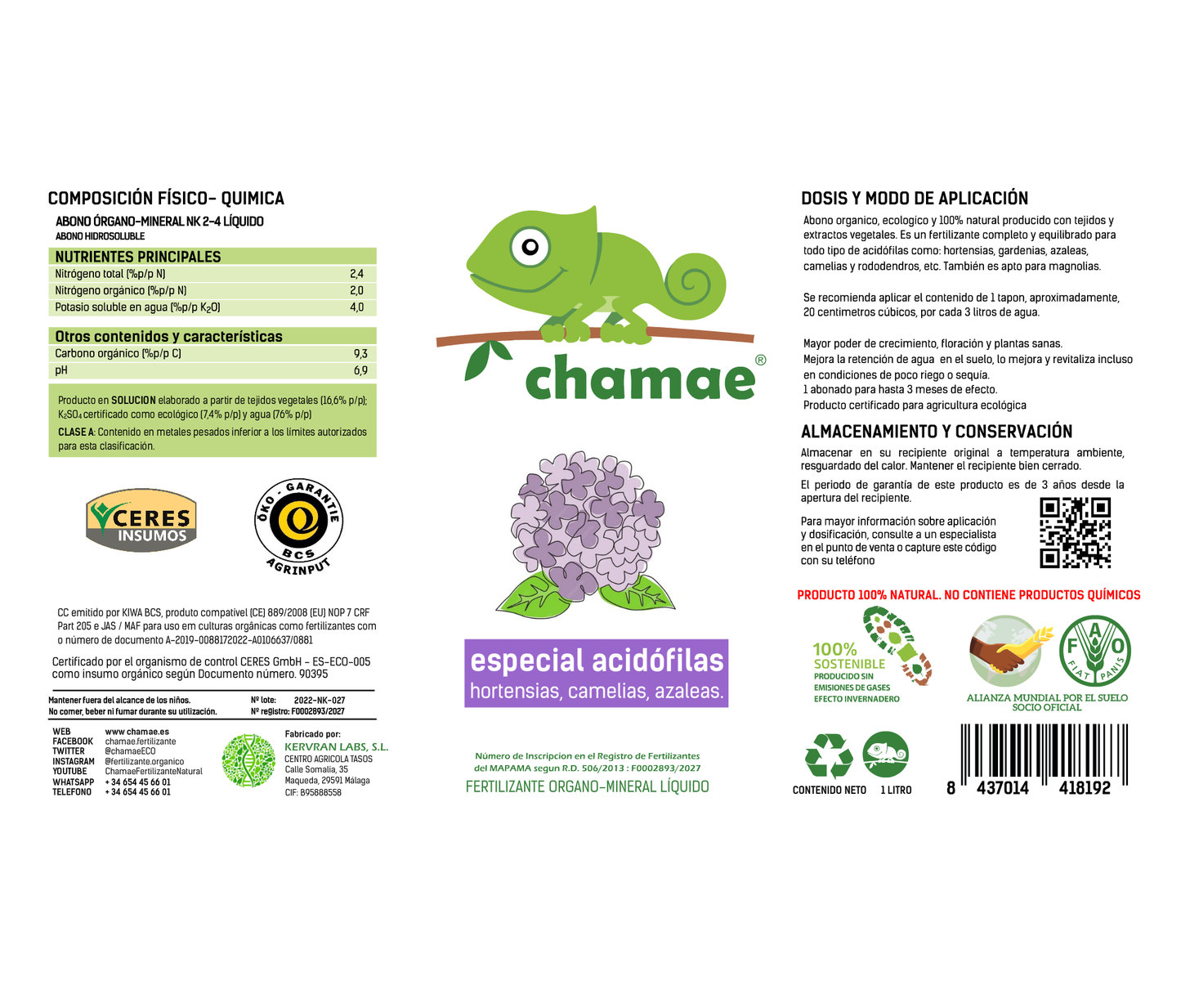 Fertilizante Chamae Especial Plantas Acidófilas Ecológico. 1 Litro Uso Doméstico.