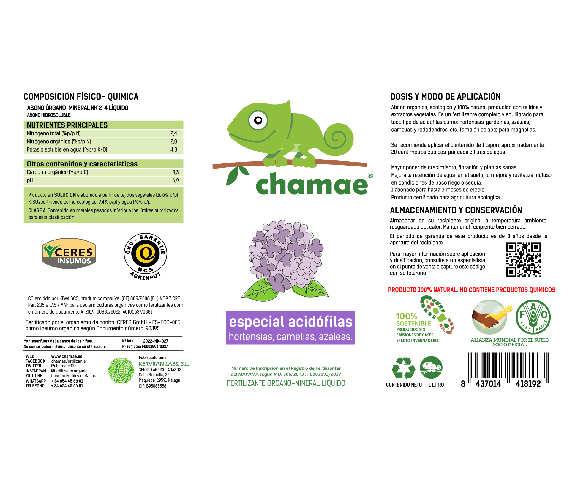 Fertilizante Chamae Especial Plantas Acidófilas Ecológico. 1 Litro Uso Doméstico.