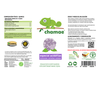 Fertilizante Chamae Especial Plantas Acidófilas Ecológico. 1 Litro Uso Doméstico.