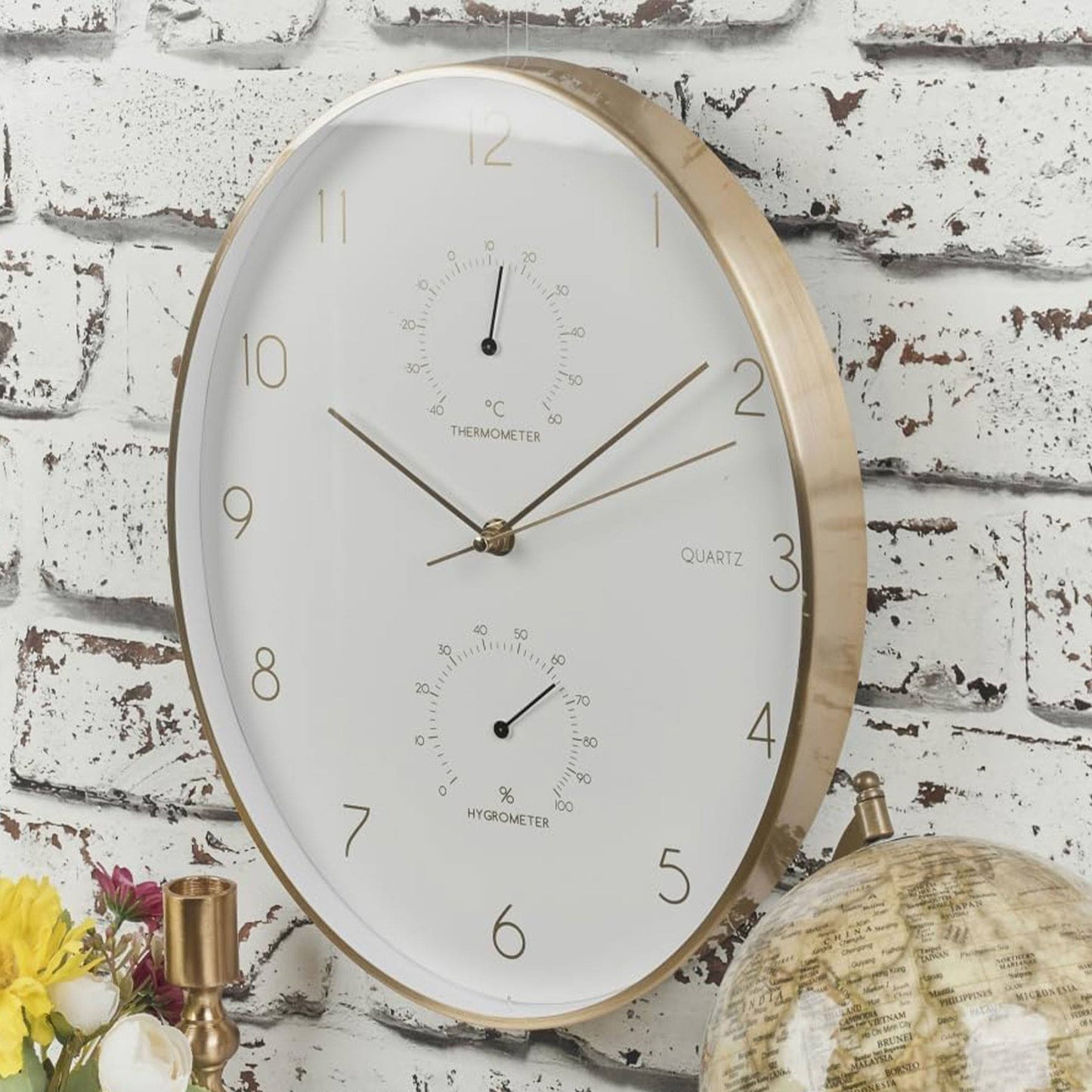 Well Home Reloj De Pared De Aluminio Con Borde Dorado, Termómetro E Higrómetro De 34,5x27,1cm_3