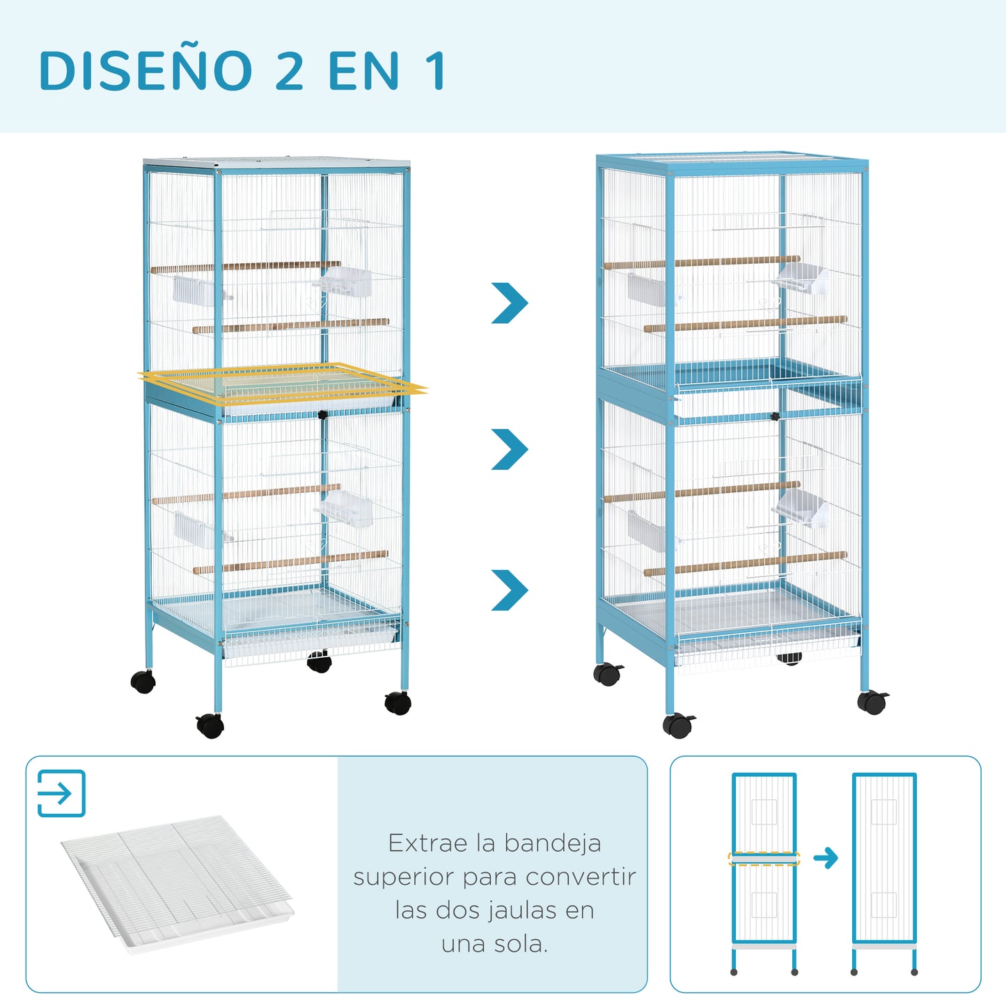 Pawhut Jaula Para Pájaros De 2 Niveles Con Ruedas Bandejas Extraíbles Azul_3