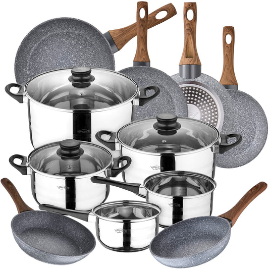 Bateria De Cocina 8 Piezas San Ignacio Toledo De Acero Inoxidable Con Juego De Sartenes (18/20/22/24/26/28 Cm) Daimiel En Aluminio Forjado_0