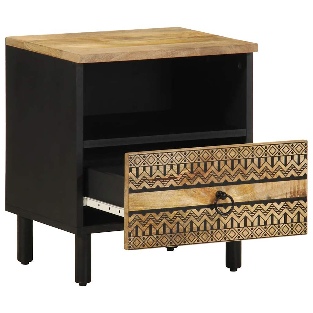 Mesita De Noche Madera Maciza De Mango Rugosa Negro 40x33x46 Cm_0