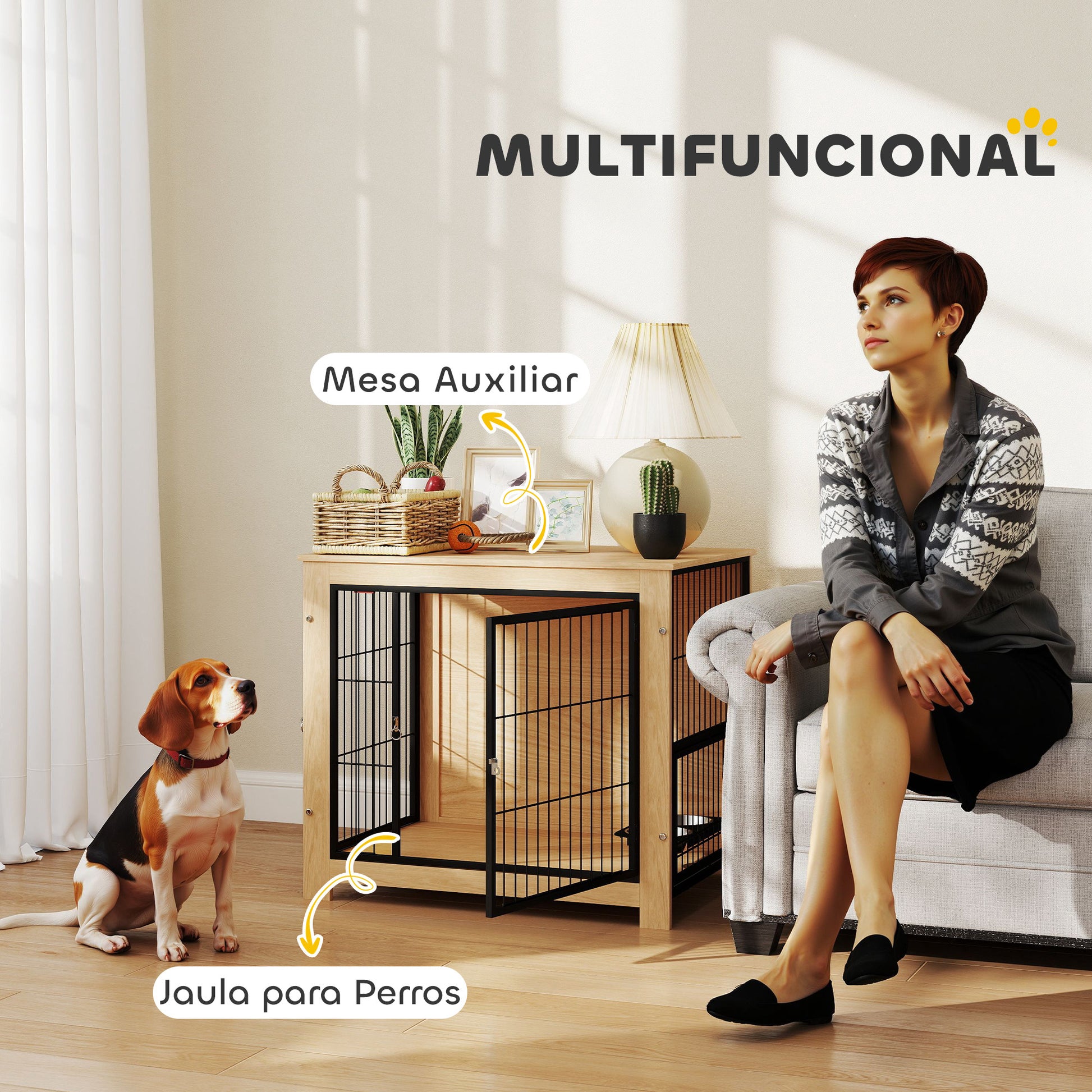 Pawhut Jaula Para Perros Mesa Auxiliar Con Soporte Giratorio Con 2 Tazones Roble_3
