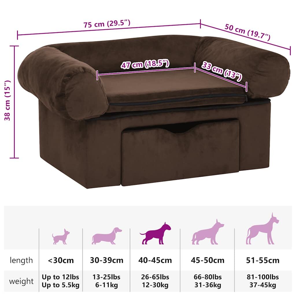 Vidaxl Sofá Para Perros Con Cajón Felpa Marrón 75x50x38 Cm_2