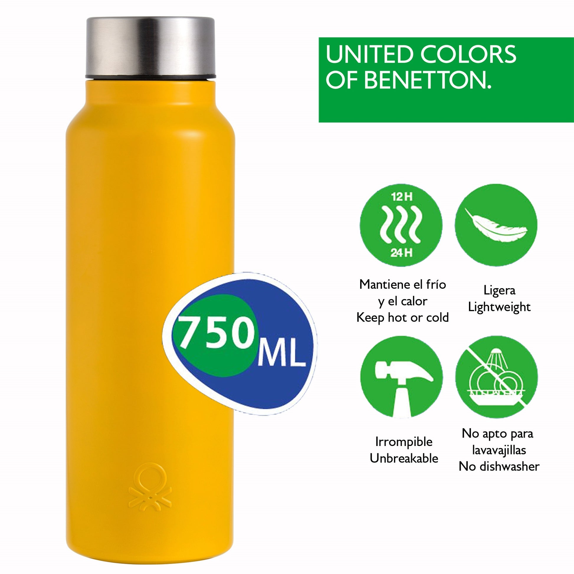 Botella De Agua 750ml Acero Inoxidable Amarillo Mate Casa Benetton_1