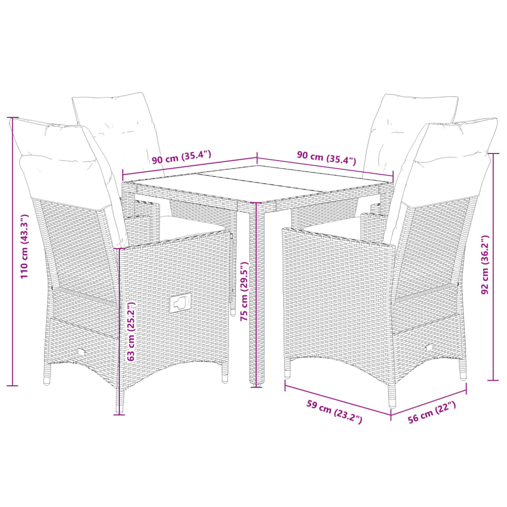 Set Comedor De Jardín 5 Piezas Con Cojines Ratán Sintético Gris / Vetonek_4