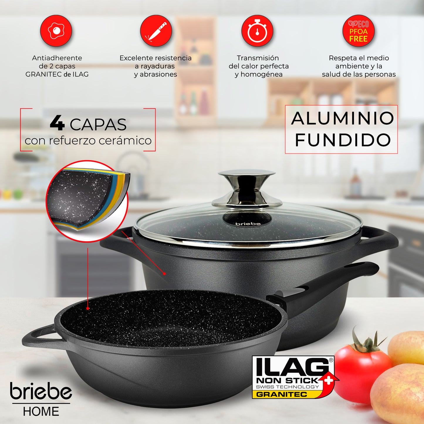 Briebe Batería De Cocina Inducción 12 Piezas Aluminio Fundido 4 Ollas 2 Sartenes Antiadherente Tapas, Mgk1219, Negro_2
