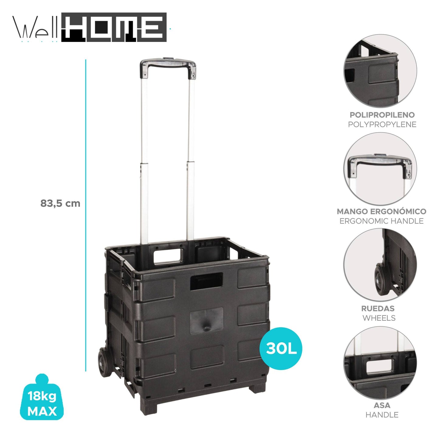 Well Home Trolley De Aluminio Con Caja Plegable Negro