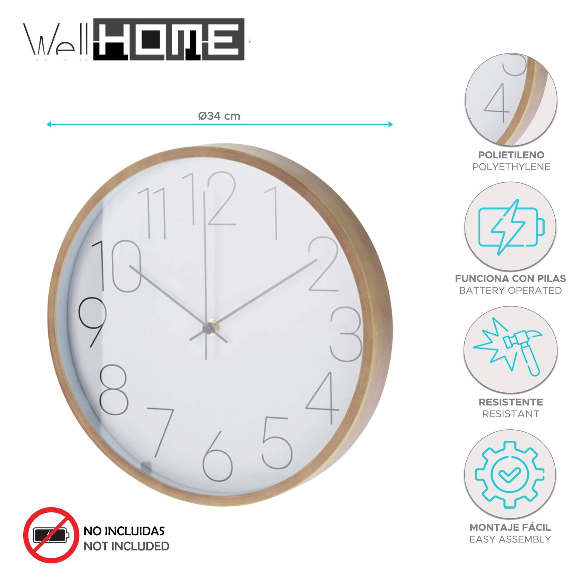 Well Home Reloj De Pared Moderno Con Borde De Aspecto Madera - Esfera Blanca Y Agujas Finas Ø30,5cm_1