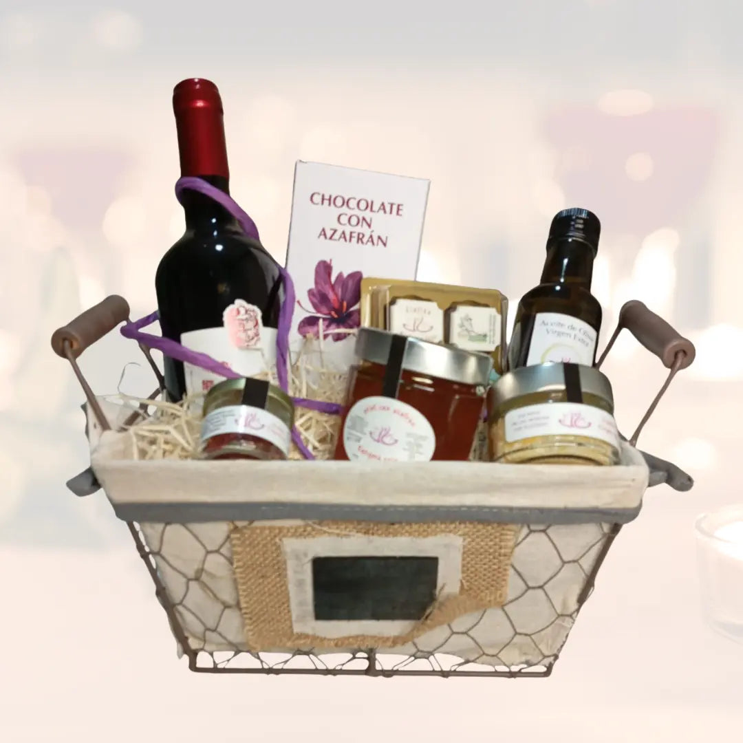 Cesta Regalo –  (vino,bombones, Escamas De Sal Marina, Chocolate, Aove, Azafrán Y Miel)
