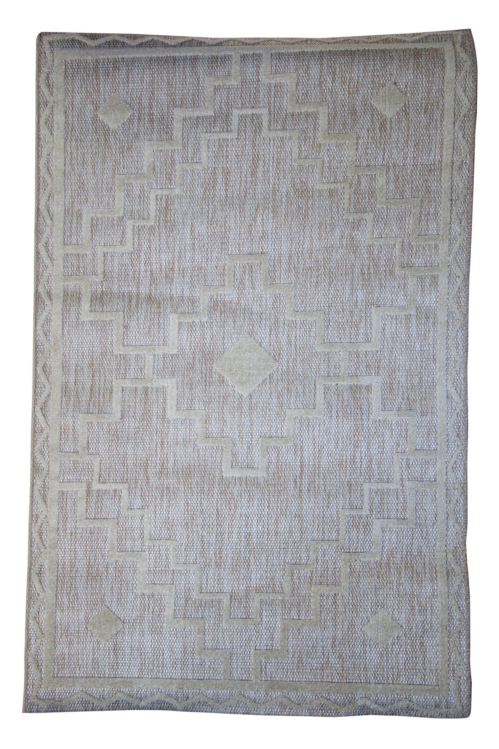 Alfombra De Salón Shaggy Efecto Yute Motivos Étnicos Blanco Y Beige 150x200cm- Decoración- Mobiliario Doméstico_0