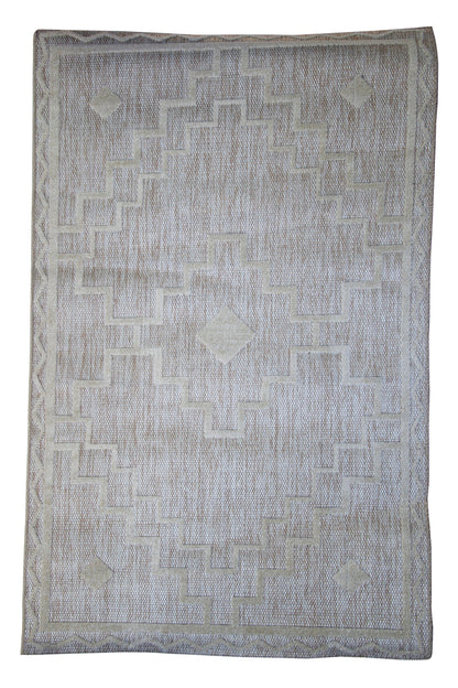 Alfombra De Salón Shaggy Efecto Yute Motivos Étnicos Blanco Y Beige 150x200cm- Decoración- Mobiliario Doméstico_0