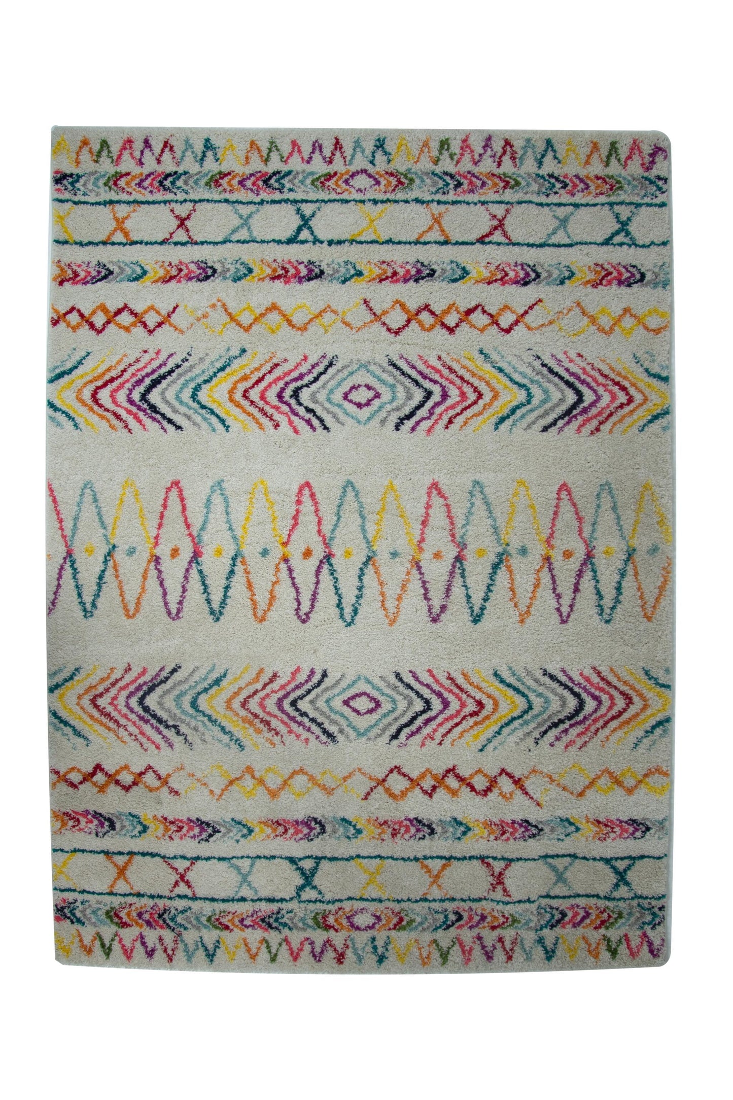 Alfombra Salón Pelo Largo Suave Bohemia Azteca Blanco Multicolor 150x200cm- Decoración- Mobiliario Doméstico_0