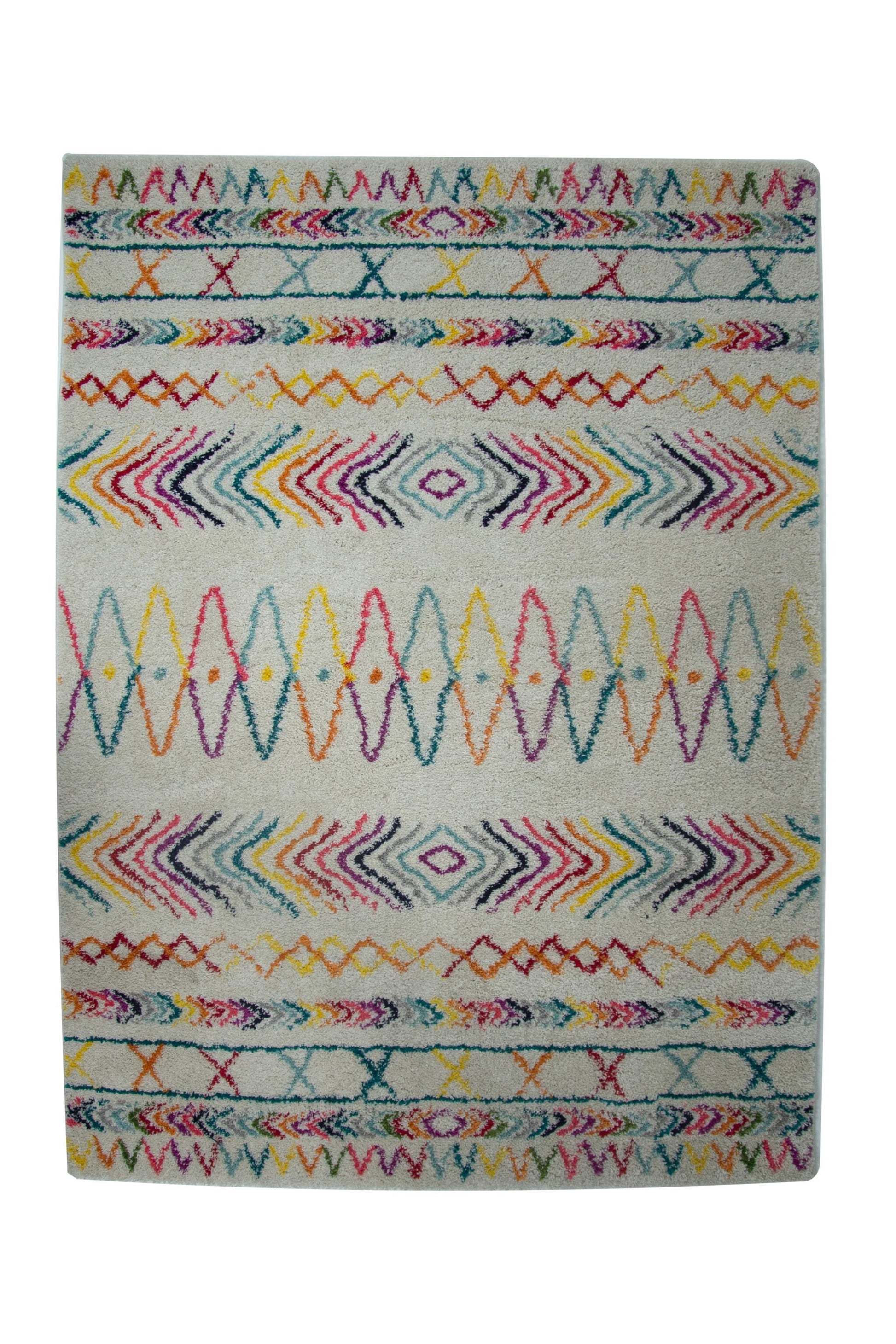 Alfombra Salón Pelo Largo Suave Bohemia Azteca Blanco Multicolor 150x200cm- Decoración- Mobiliario Doméstico_0