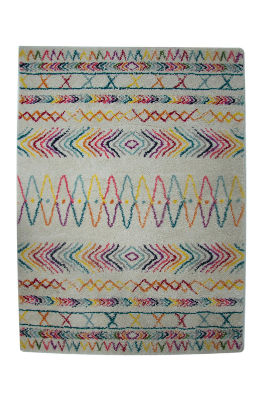 Alfombra Salón Pelo Largo Suave Bohemia Azteca Blanco Multicolor 150x200cm- Decoración- Mobiliario Doméstico_0