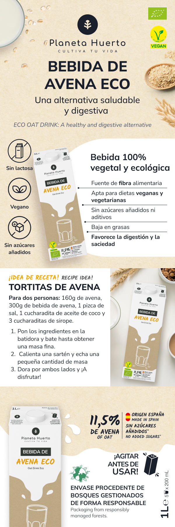 Pack 12x Bebida de Avena ECO Planeta Huerto 1L