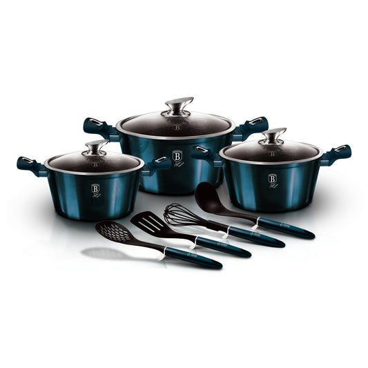 Batería Cocina Inducción 10 Piezas, Antiadherente Mármol Sin Pfoa, Aluminio, 3 Cazuelas Tapas Berlinger Haus Aquamarine Azul Marino_0