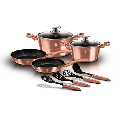 Batería Cocina Inducción 10 Piezas, Antiadherente Mármol Sin Pfoa, Aluminio, Cazuelas Sartenes Berlinger Haus Rose Gold Oro Rosado_0