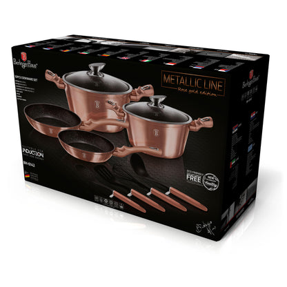 Batería Cocina Inducción 10 Piezas, Antiadherente Mármol Sin Pfoa, Aluminio, Cazuelas Sartenes Berlinger Haus Rose Gold Oro Rosado_3