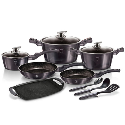 Batería Cocina Inducción 12 Piezas, Antiadherente Sin Pfoa, Aluminio, Cazuelas Sartenes Plancha Berlinger Haus Carbon Pro Gris Oscuro_0