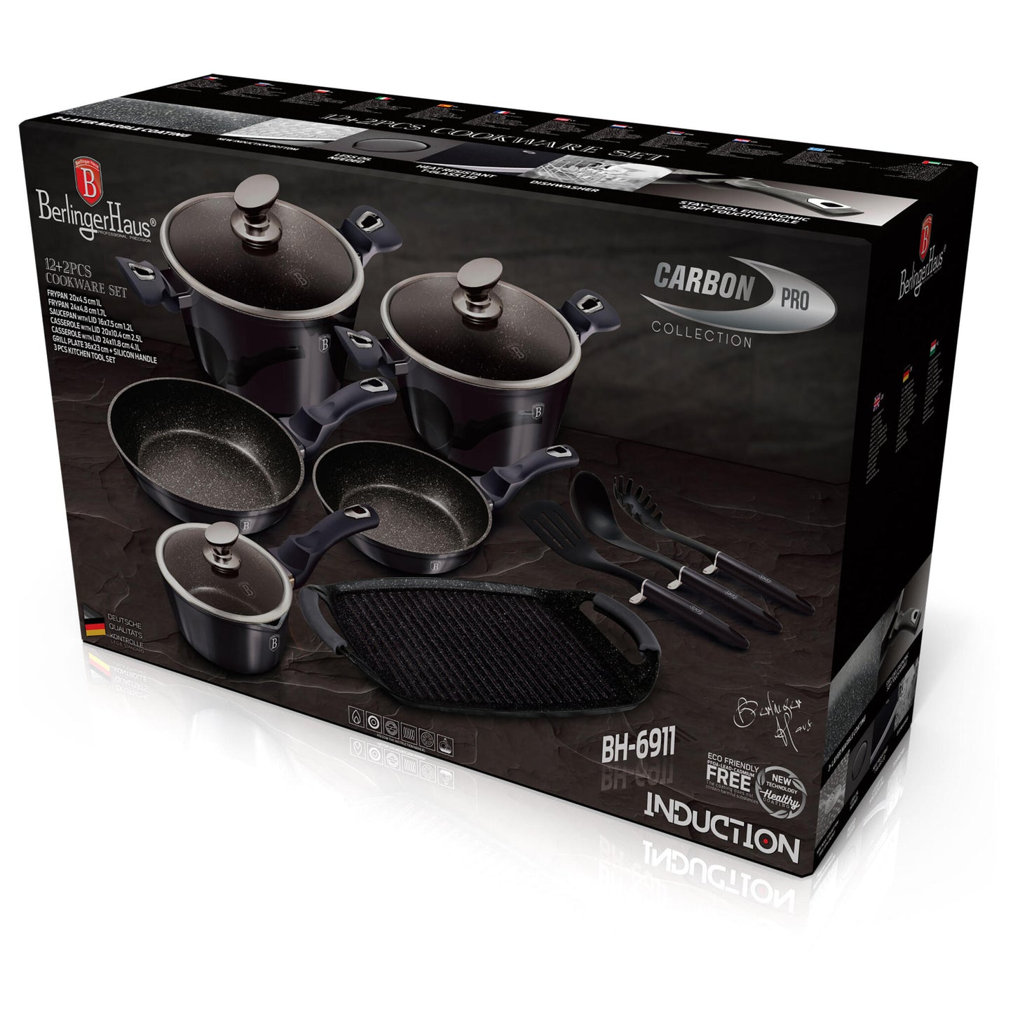 Batería Cocina Inducción 12 Piezas, Antiadherente Sin Pfoa, Aluminio, Cazuelas Sartenes Plancha Berlinger Haus Carbon Pro Gris Oscuro_2