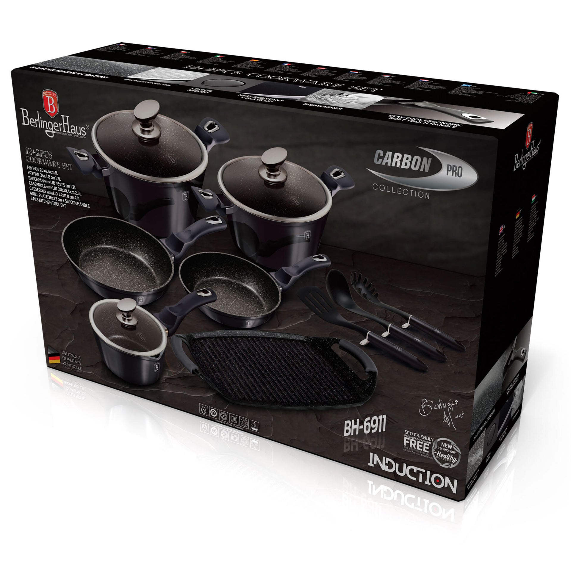 Batería Cocina Inducción 12 Piezas, Antiadherente Sin Pfoa, Aluminio, Cazuelas Sartenes Plancha Berlinger Haus Carbon Pro Gris Oscuro_2