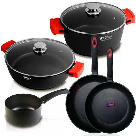 Batería Cocina Inducción 5 Piezas, Aluminio Sin Pfoa, Set Cazuelas Tapa + Sartenes, Asas Silicona Wecook Ecostone, Negro_0
