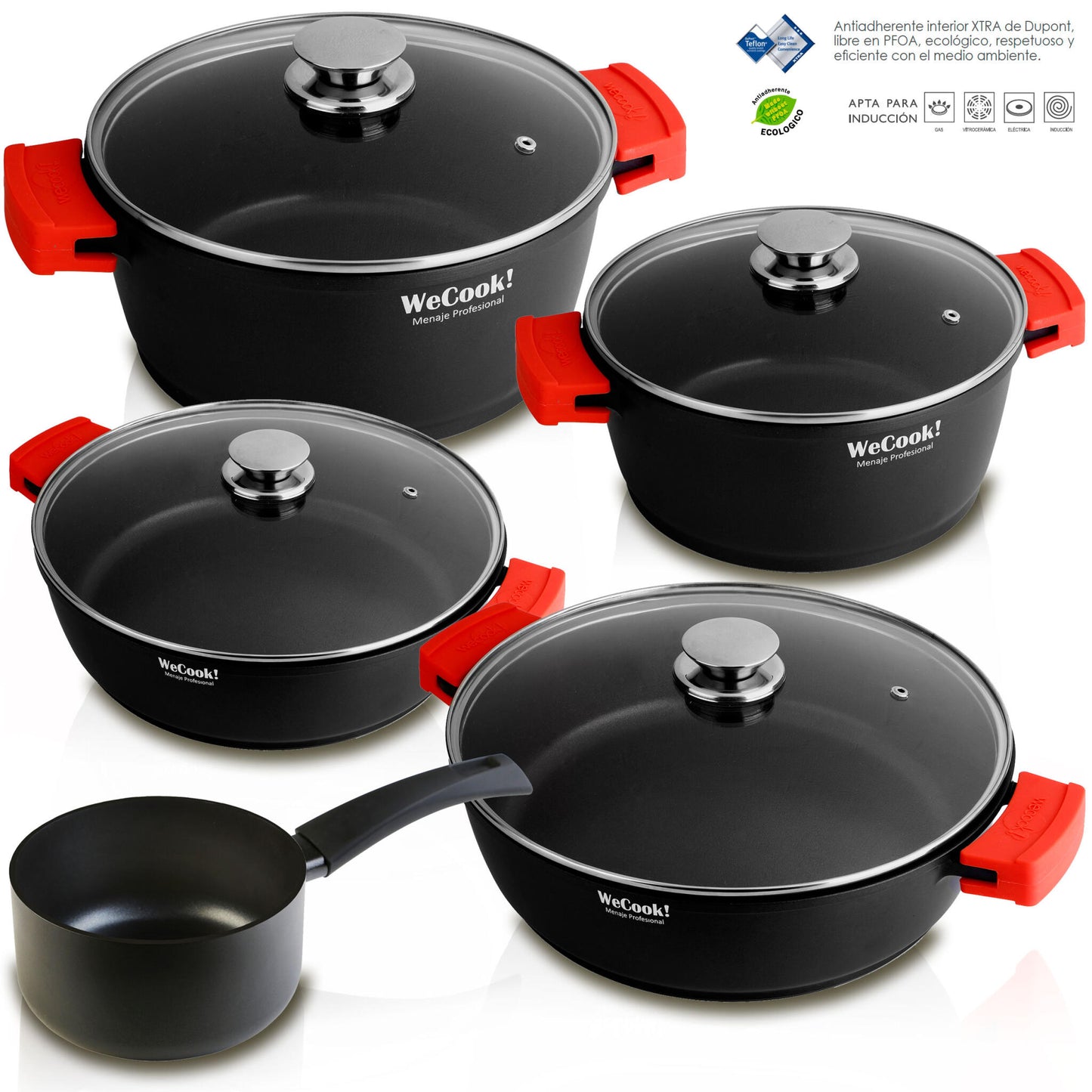 Batería Cocina Inducción 5 Piezas, Aluminio Sin Pfoa, Set Cazuelas+tapa, Asas Silicona, Espesor 5mm Wecook Ecostone, Negro_0