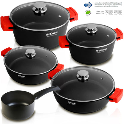 Batería Cocina Inducción 5 Piezas, Aluminio Sin Pfoa, Set Cazuelas+tapa, Asas Silicona, Espesor 5mm Wecook Ecostone, Negro_0