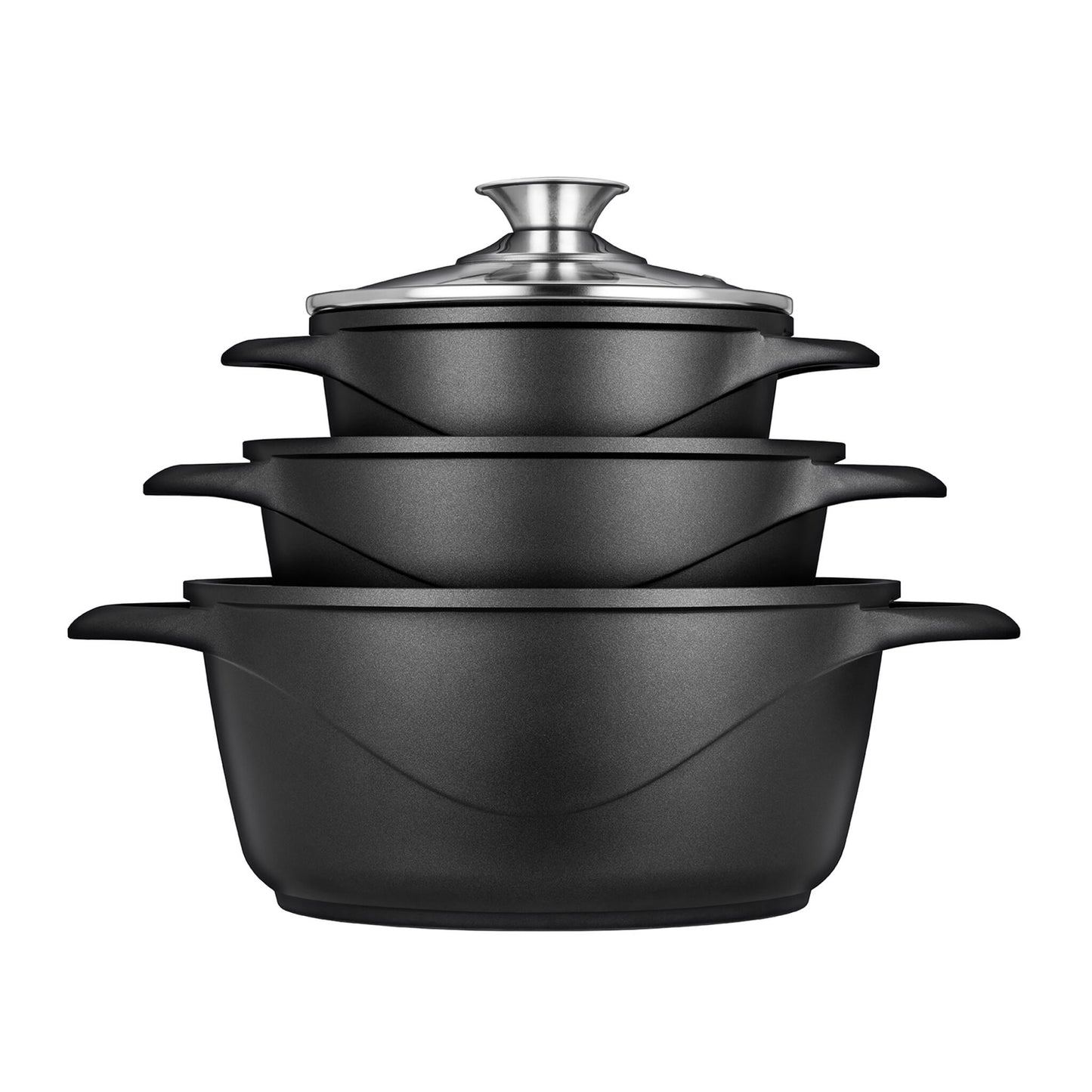 Batería De Cocina Inducción 6 Piezas Aluminio Fundido, 3 Ollas, Tapas De Vidrio Templado, Libre Pfoa Smile Mgk-18 Negro_0