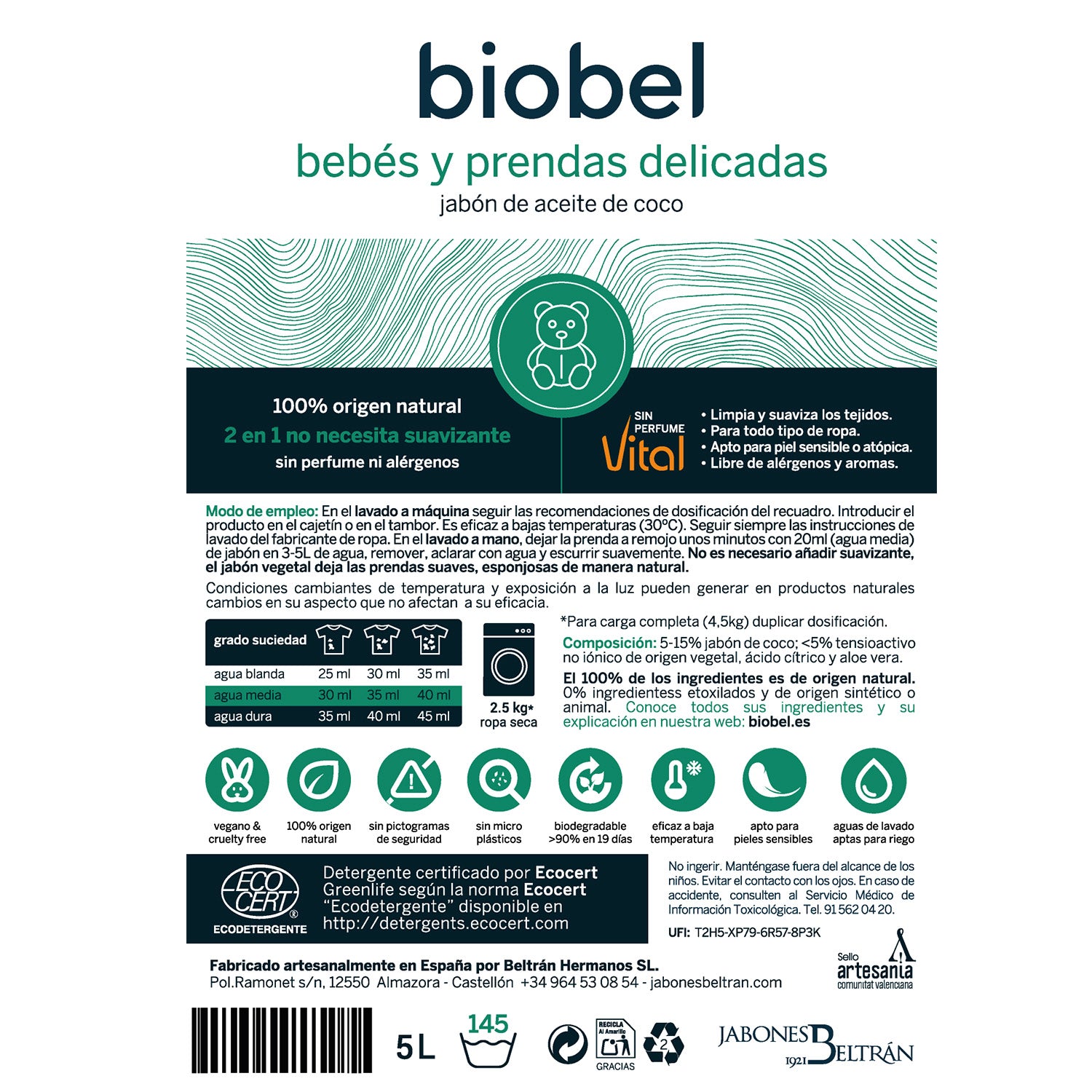 Jabón ropa de bebés y pieles sensibles Biobel 5 L