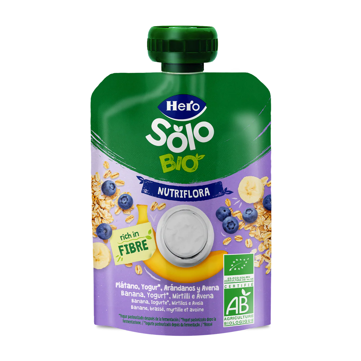 Bolsita Pouch Nutriflora Plátano, Arándanos, Yogur y Avena 100 g Hero Solo