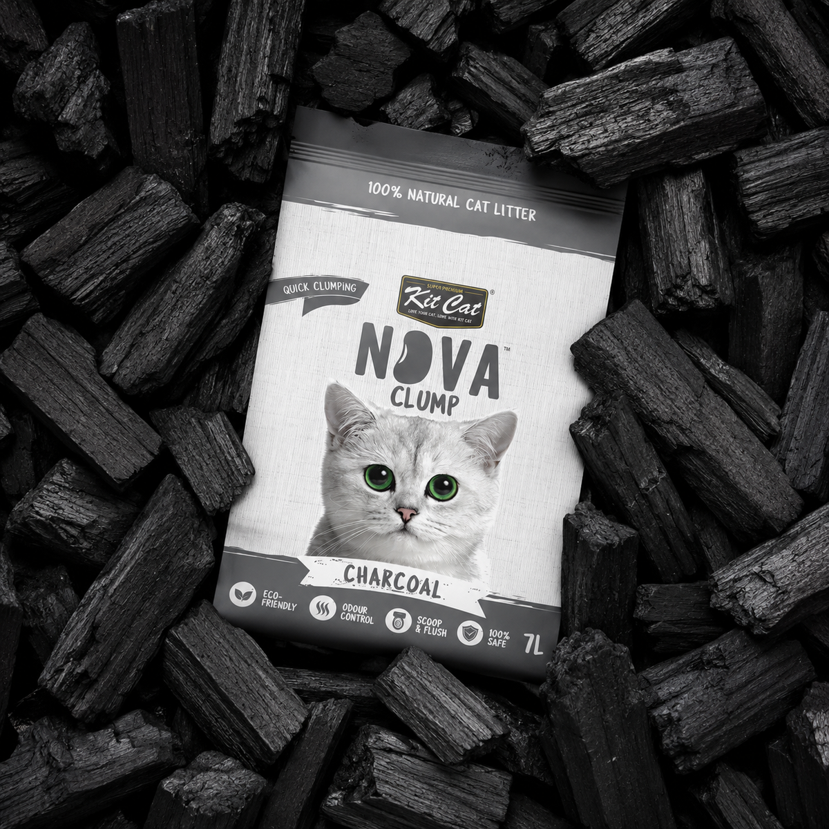 Pack 6 Kit Cat Arena Eco Nova Clump - Charcoal 7 L Arena para gatos - Carbón Activo Control de Olores
