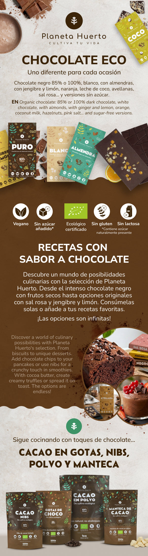 Tableta chocolate negro 75% con almendras ECO Planeta Huerto 70 gr