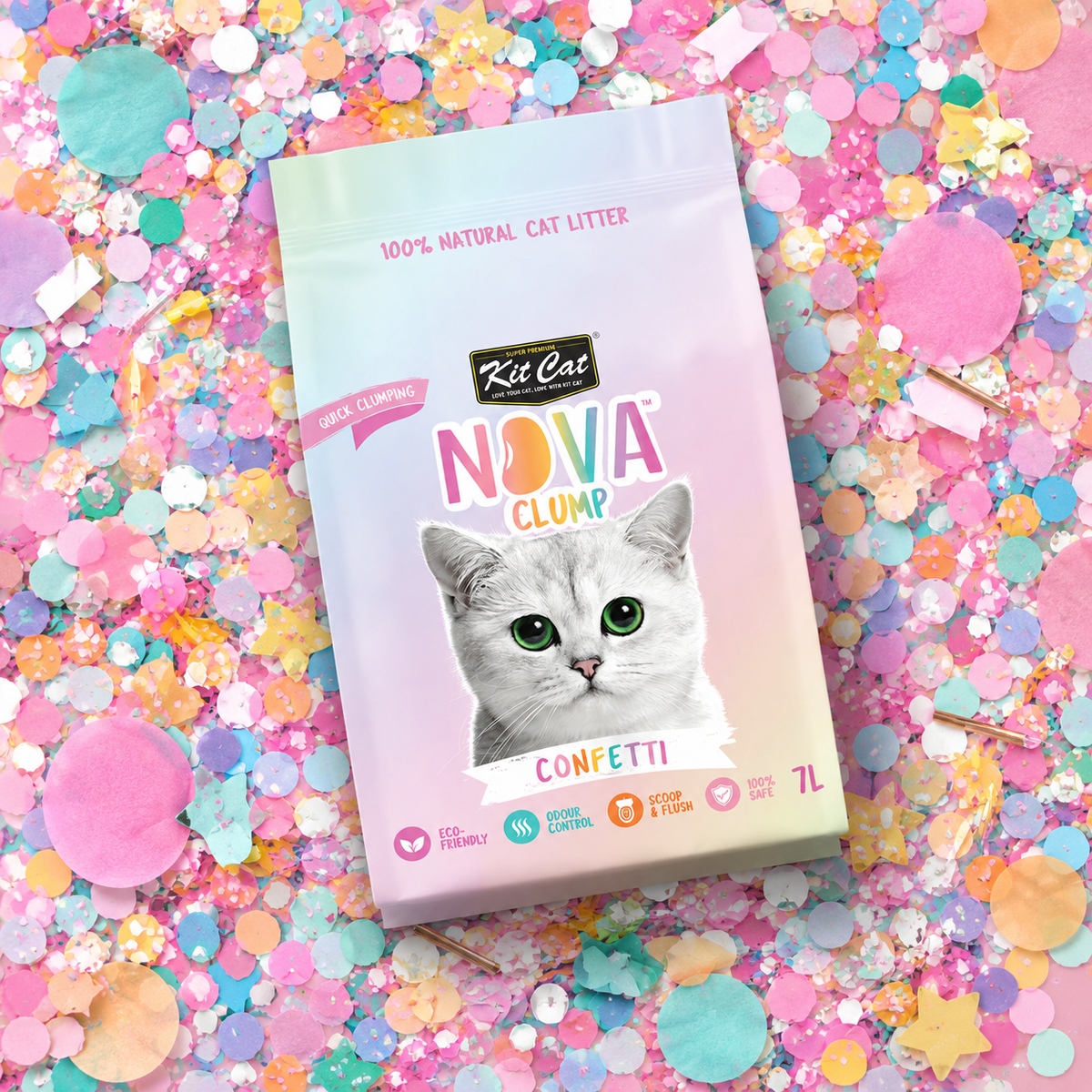 Pack 6 Kit Cat Arena Eco Nova Clump - Confetti 7 L Arena para gatos - Mezcla de Original, Fresa y Lavanda