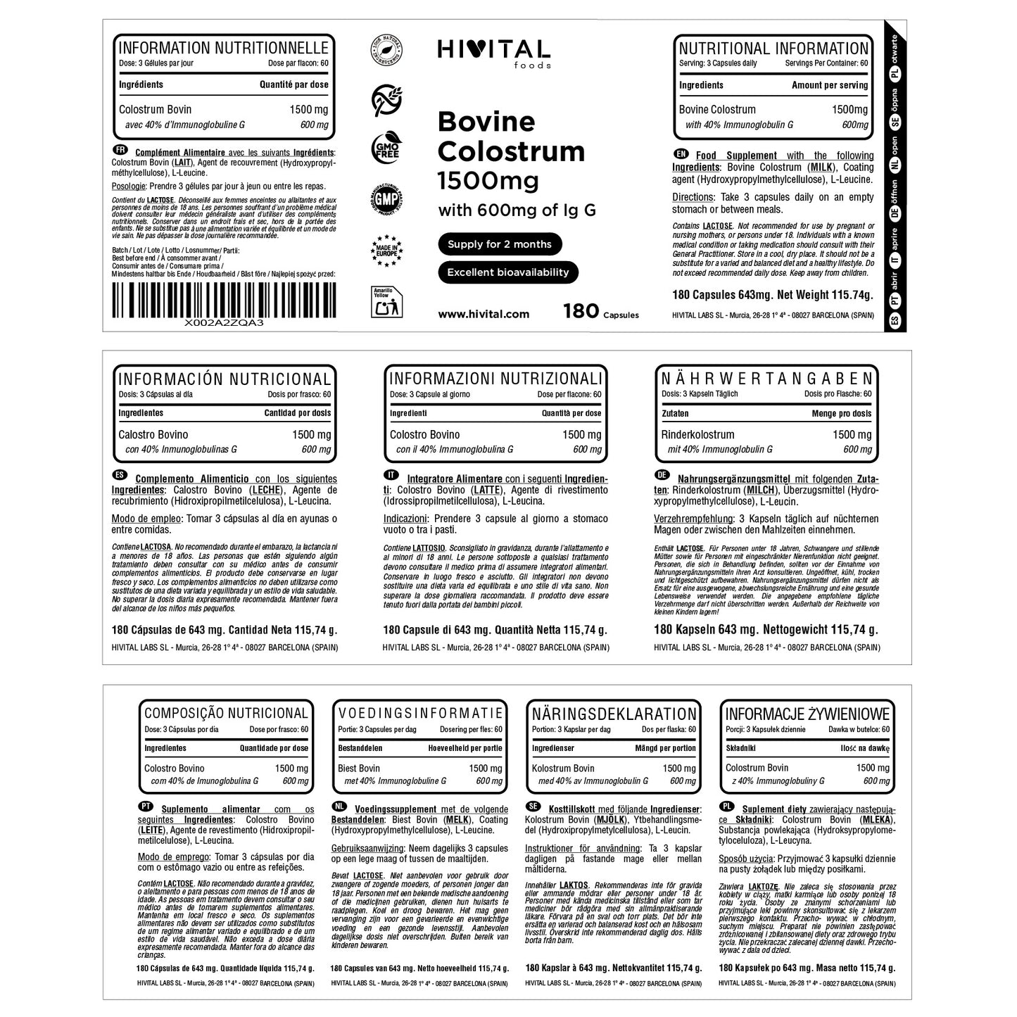 Calostro Bovino 1500 mg Hivital 180 cápsulas