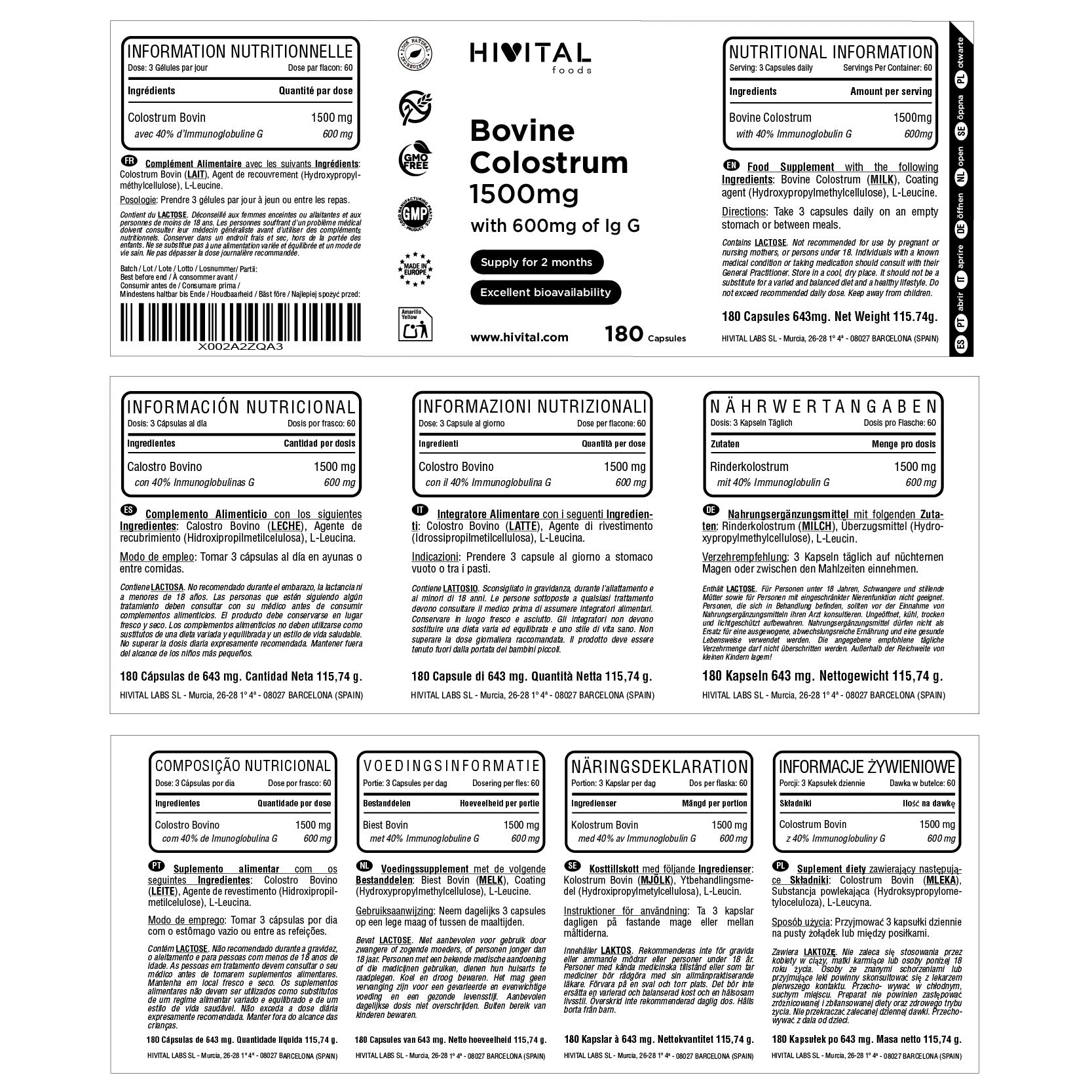 Calostro Bovino 1500 mg Hivital 180 cápsulas