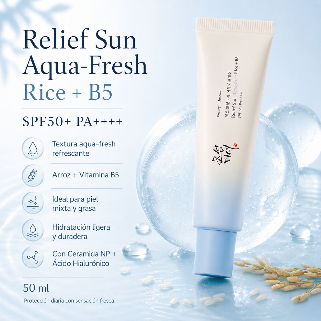 Protector Solar con arroz & B5 Relief Sun Aqua Fresh Rice + B5 Beauty of Joseon 50 ml
