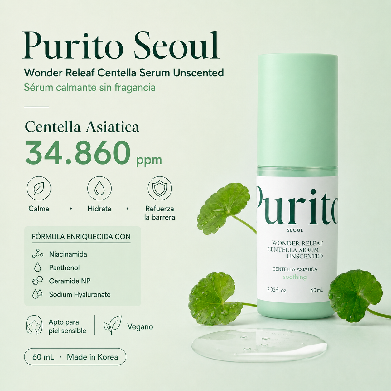 Sérum facial Wonder Releaf Centella Serum Unscented Purito Seoul 60 ml